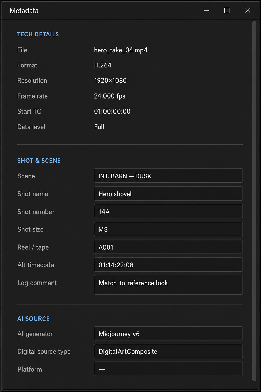 Metadata Panel showing Tech Details, Shot & Scene, and AI Source fields with sample production data